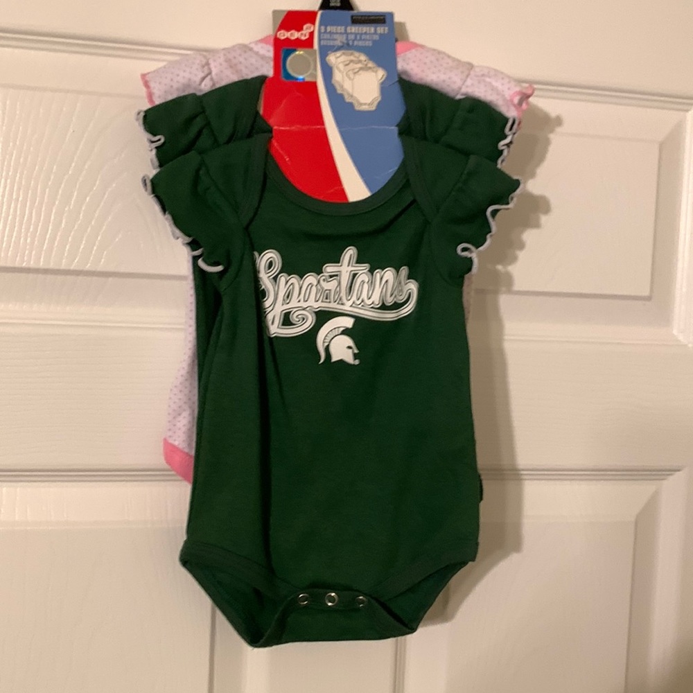 Michigan State Spartans baby girl 3 piece creeper set 3 to 6 months